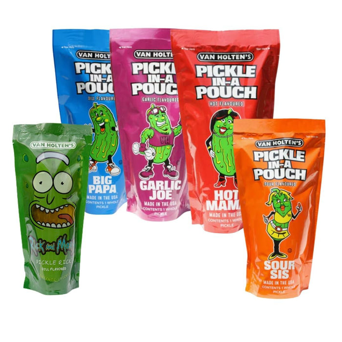 5x Van Holten's Pickle – Pickle Rick, Sour Sis, Hot Mama, Garlic Joe & Big Papa – Amerikanischer Snackklassiker – 5 x Einzelverpackt