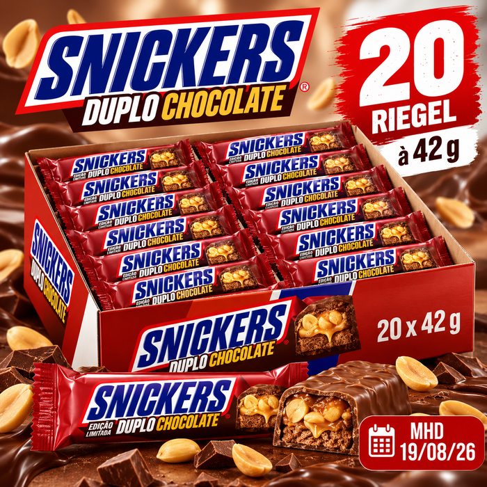 SNICKERS Duplo Chocolate 20 x 42 g – Brasilianische Limited Edition – Schokoriegel mit doppeltem Schokoladengenuss, Erdnüssen, Karamell und Nougat – 20er-Pack – 840 g