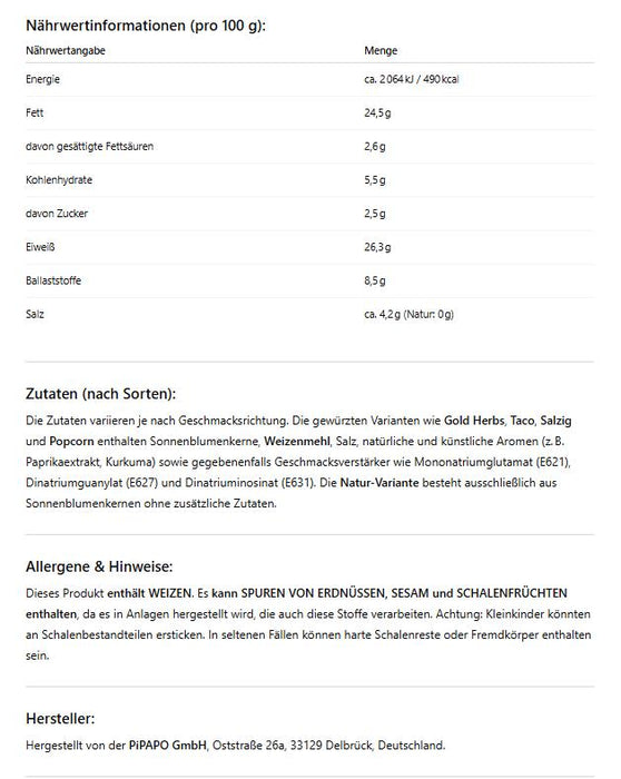 AMO PiPAPO Sonnenblumenkerne Special Edition – 5 Sorten im Set | Gold Herbs, Salzig, Natur, Taco & Popcorn | je 100g