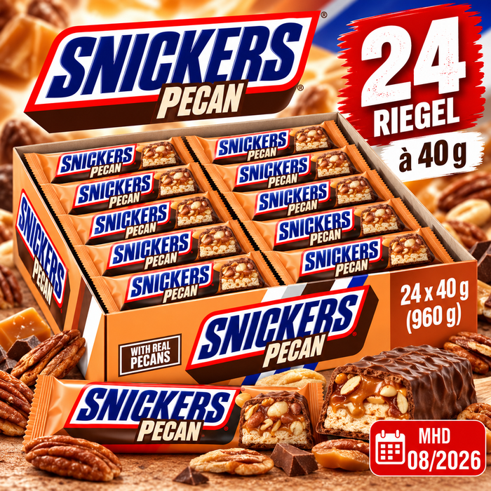 SNICKERS Pecan 24 x 40 g – Amerikanischer Schokoriegel mit Pekannüssen, Karamell und Milchschokolade – 24er-Pack – 960 g