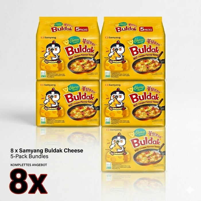 Samyang Buldak Cheese Hot Chicken Flavor Ramen 8x 5-Pack Bundles– Würzige Koreanische Instantnudeln mit Käsegeschmack – MHD 27.04.2026