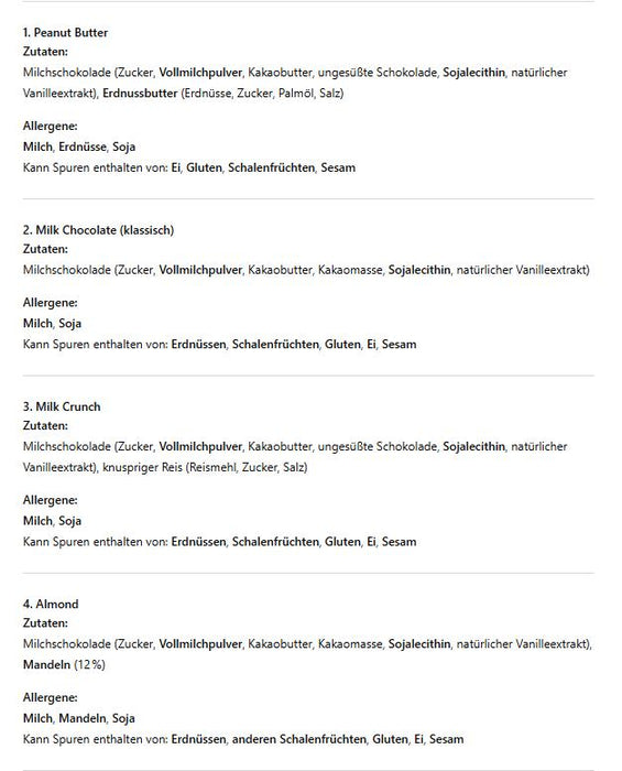 Mr Beast Feastables Schokoladenriegel | 4er-Pack: Peanut Butter, Milk Chocolate, Milk Crunch & Almond | 4 x 60g | Hochwertige Zutaten & unwiderstehlicher Geschmack