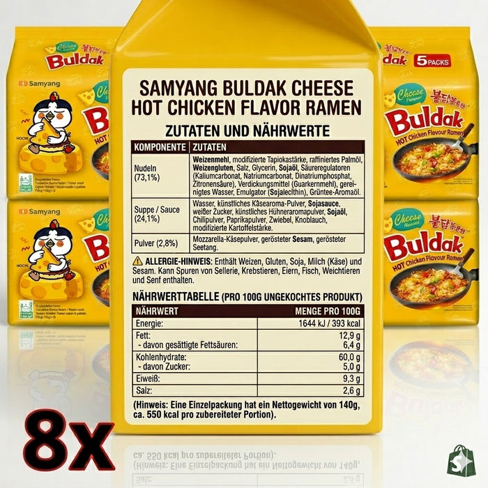 Samyang Buldak Cheese Hot Chicken Flavor Ramen 8x 5-Pack Bundles– Würzige Koreanische Instantnudeln mit Käsegeschmack – MHD 27.04.2026