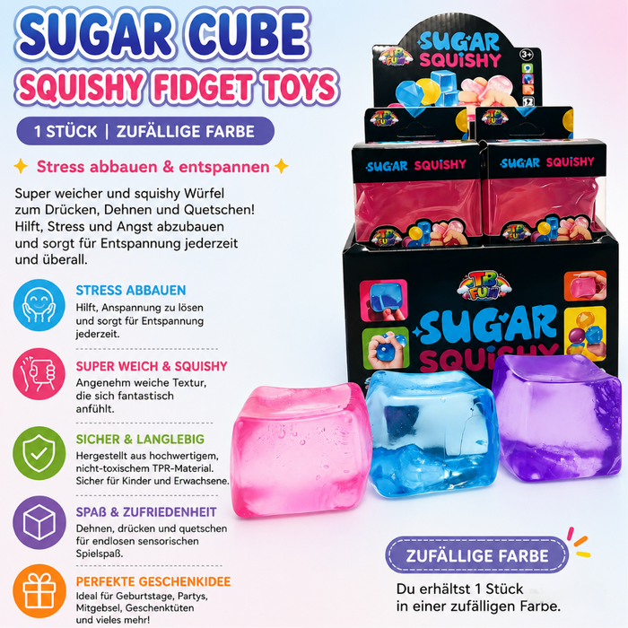 Sugar Cube Squishy Fidget Toys – 1 Stück Stressabbau Quetschspielzeug, Soft Squishy Cube gegen Angst & Stress, Zufällige Farbe
