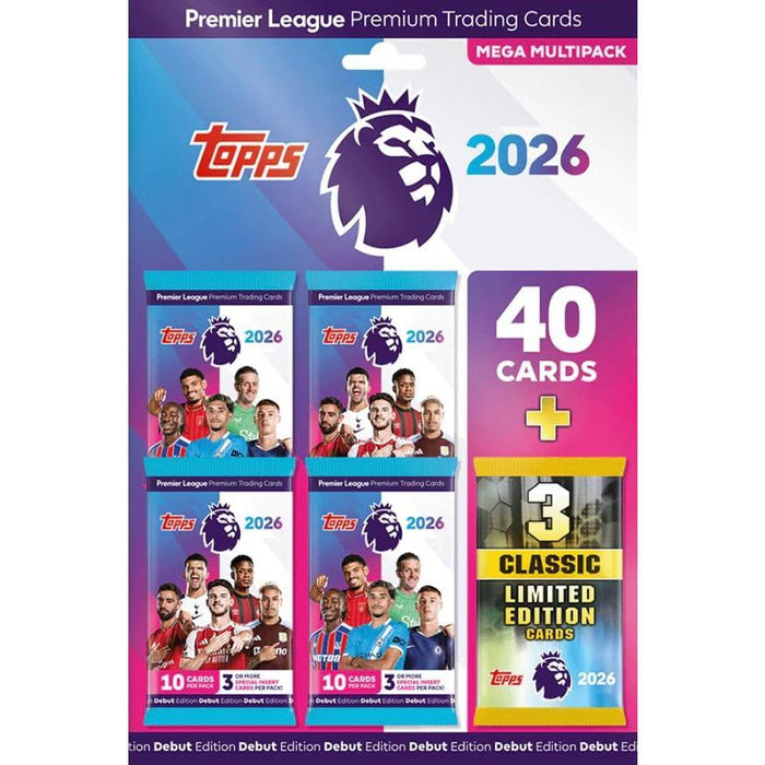 Topps Premier League 2026 – Debüt-Edition Mega Multipack | 40 Karten + 3 zufällige Classic LE Karten | Fußball-Sammelkarten | Mit Heartforcards® Versandschutz