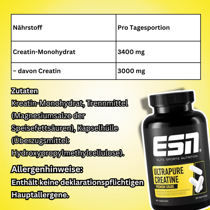 ESN Ultrapure Creatine Premium Grade 90 Kapseln | 3 g Creatin pro Tagesportion