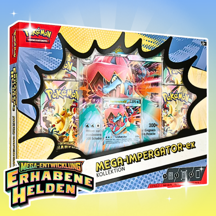 Pokémon ME02.5 Erhabene Helden Mega-EX Kollektion Deutsch – 4 Boosterpacks, Holo Promo Karte & Jumbo Wackelbildkarte, Sammelbox