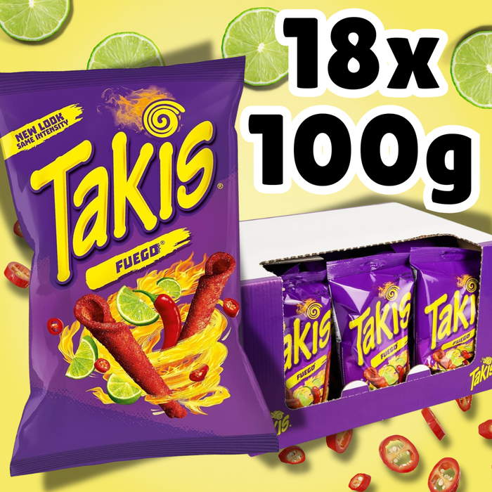 18× Takis Fuego 100 g – Extra scharfe Maissnacks mit Chili & Limette