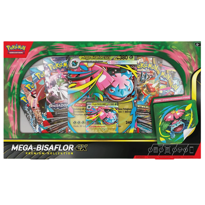 Pokémon TCG Premium‑Kollektion Mega‑Bisaflor‑ex (Deutsch) | 1 holo Promokarte + Jumbo Karte + Sticker + 8 Boosterpacks
