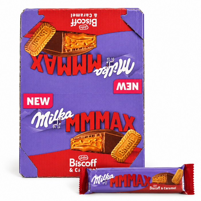Milka MMMAX Biscoff & Caramel Schokoladenriegel – Alpenmilchschokolade mit cremiger Biscoff-Füllung, Karamell und Keksstückchen – 42 × 45 g – 1,89 kg