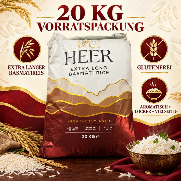 HEER Extra Long Basmati Rice 20 kg – glutenfrei – aromatischer Reis für Biryani, Curry und Beilagen – Vorratspackung
