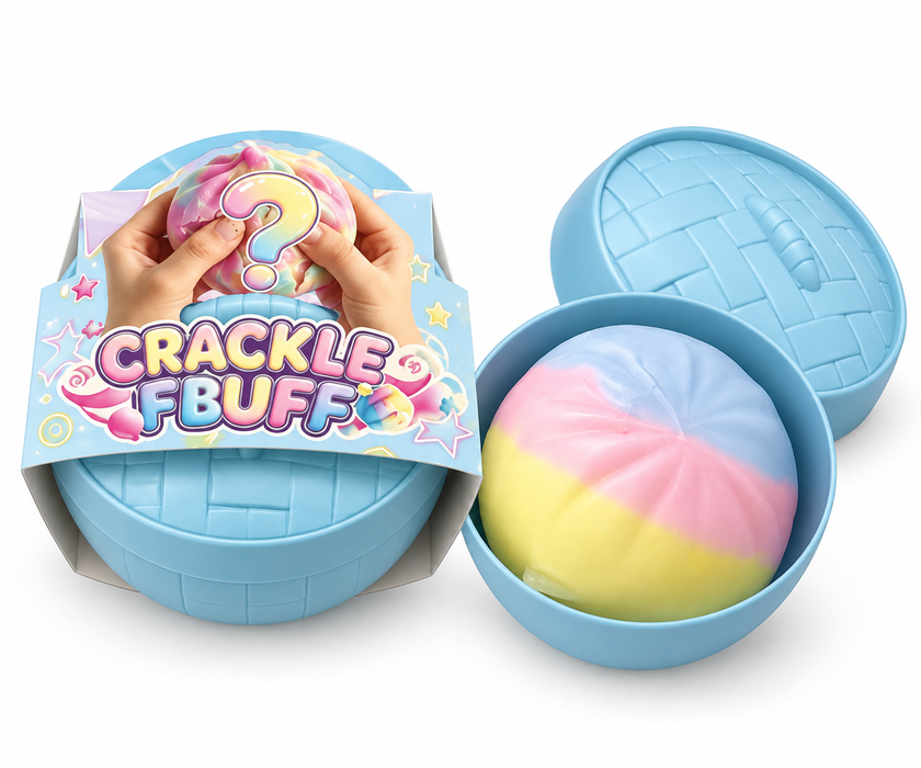 Crackle Squishy mit Knistereffekt – dreifarbiges Squeeze Toy in runder Aufbewahrungsdose – 1 Stück, Dosenfarbe Blau oder Rosa zufällig
