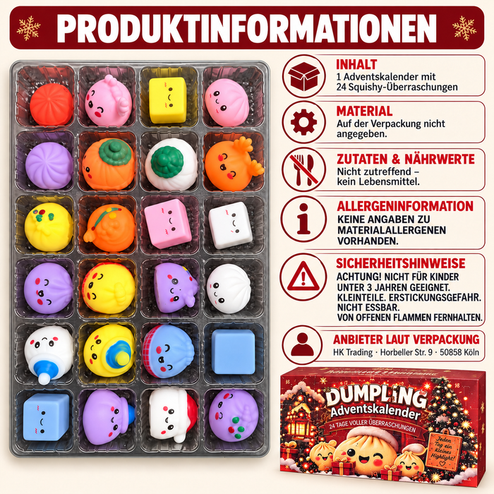 Dumpling Adventskalender 2026 – 24 Tage voller Überraschungen – Niedliche Squishy Figuren und Mini-Spielzeuge