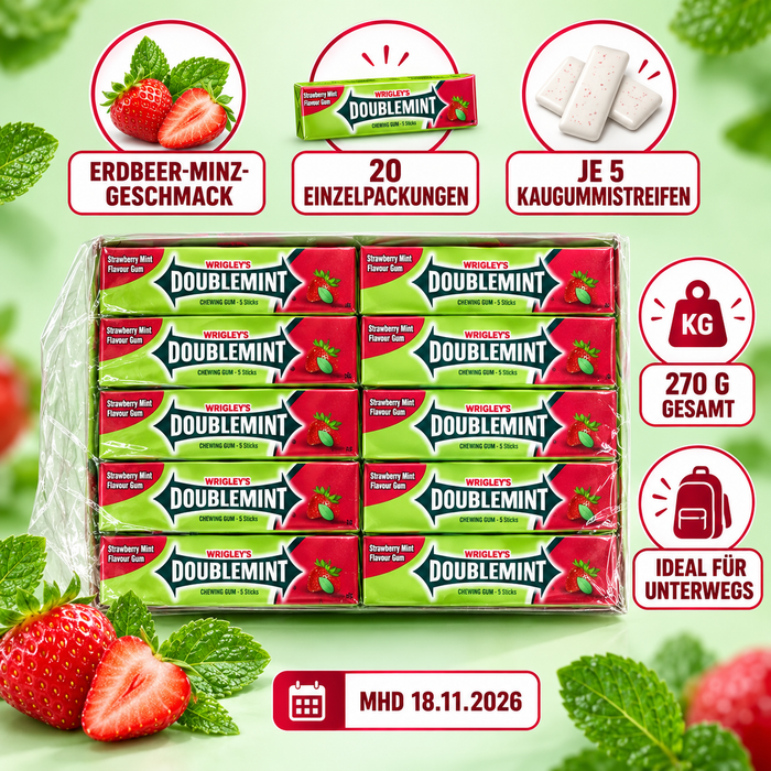 Wrigley’s Doublemint Strawberry Mint Kaugummi – 20 Packungen mit je 5 Streifen – 270 g