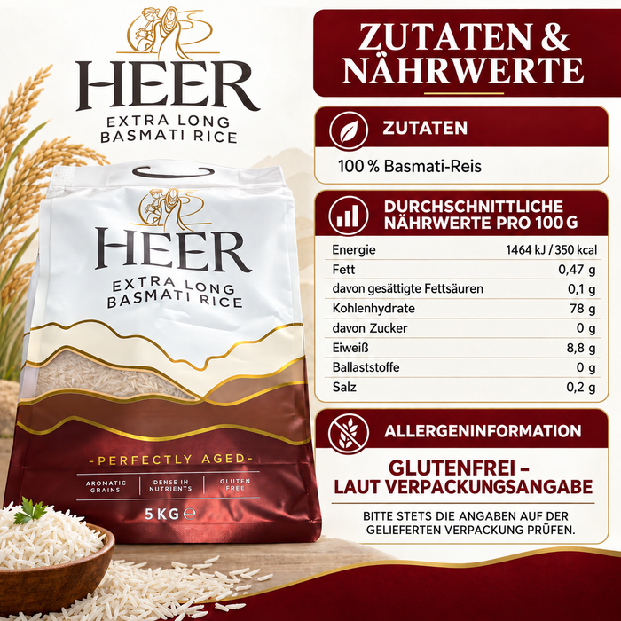 HEER Extra Long Basmati Rice 5 kg – glutenfrei – mit praktischem Tragegriff – aromatischer Reis für Biryani, Curry und Beilagen