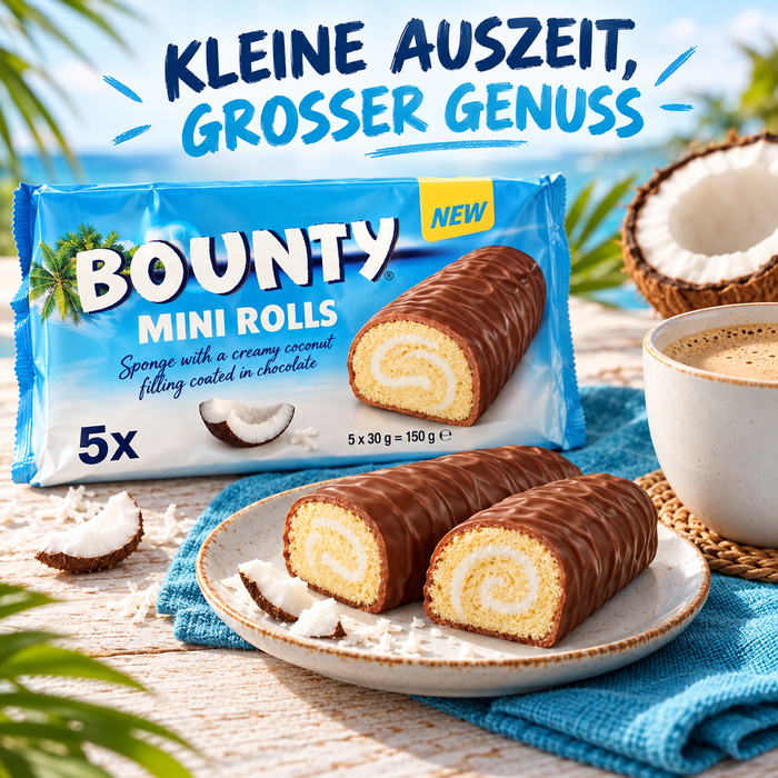 Bounty Mini Rolls – Kokos-Biskuitrollen mit Milchschokolade, 5 × 30 g