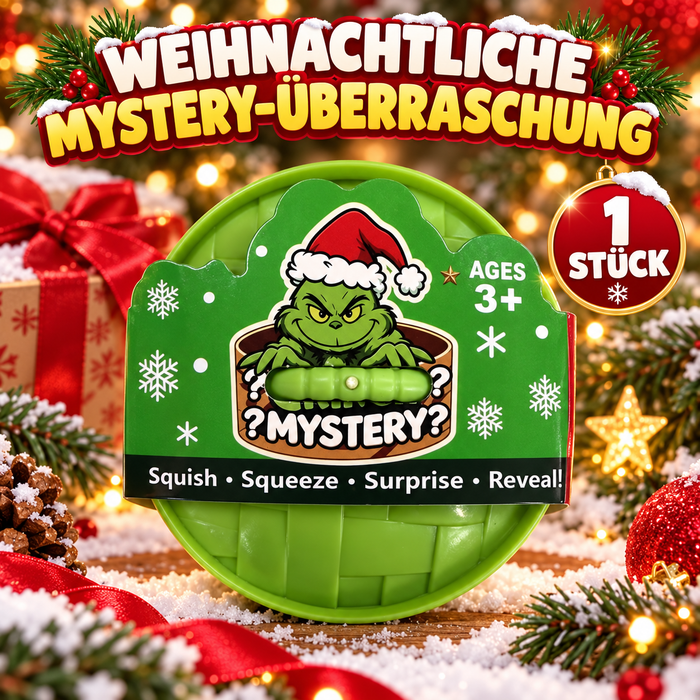 Weihnachtliches Grinch Mystery Squishy – Überraschungs-Quetschspielzeug im runden Behälter – 1 Stück – ab 3 Jahren