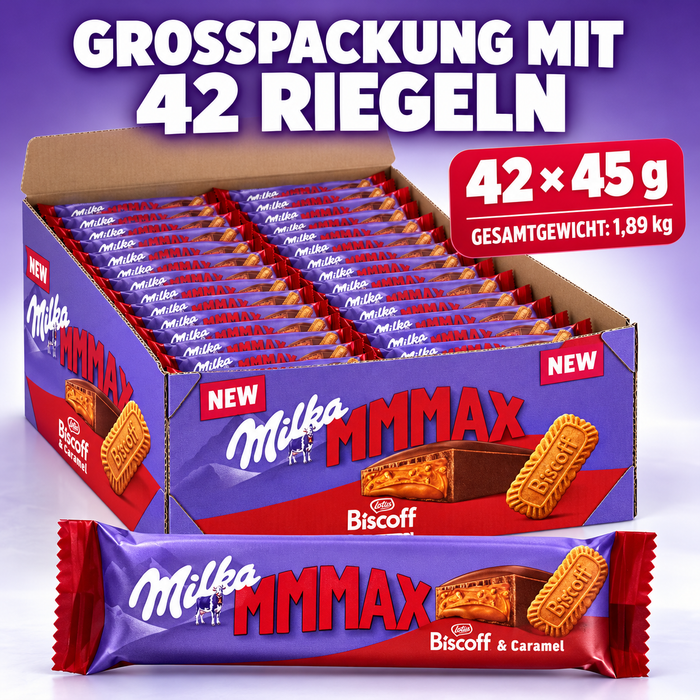 Milka MMMAX Biscoff & Caramel Schokoladenriegel – Alpenmilchschokolade mit cremiger Biscoff-Füllung, Karamell und Keksstückchen – 42 × 45 g – 1,89 kg
