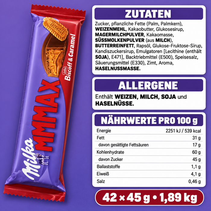 Milka MMMAX Biscoff & Caramel Schokoladenriegel – Alpenmilchschokolade mit cremiger Biscoff-Füllung, Karamell und Keksstückchen – 42 × 45 g – 1,89 kg