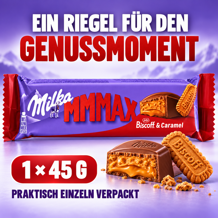 Milka MMMAX Biscoff & Caramel Schokoladenriegel – Alpenmilchschokolade mit Biscoff-Keksfüllung, Karamell und Keksstückchen – Einzeln verpackt – 1 × 45 g