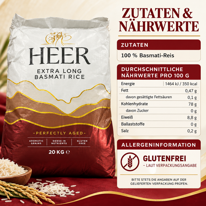 HEER Extra Long Basmati Rice 20 kg – glutenfrei – aromatischer Reis für Biryani, Curry und Beilagen – Vorratspackung