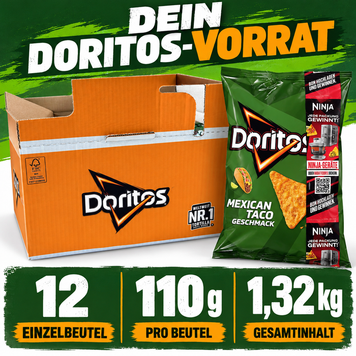 Doritos Mexican Taco Tortilla Chips 12er Pack – 12 × 110 g (1,32 kg) – Knusprige Maischips mit würzigem Taco-Geschmack