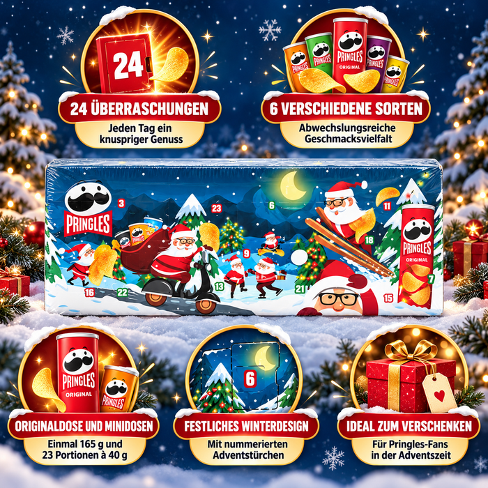 Pringles Adventskalender – 24 Türchen mit 6 Sorten – Originaldose und 23 Minidosen – Chips-Adventskalender – 1085 g