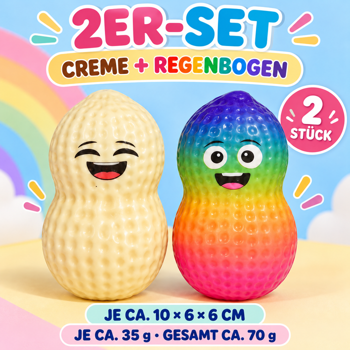 2er-Set Erdnuss Squishy -Drückspielzeug – Creme & Regenbogen – Weiches elastisches Handspielzeug mit lustigem Gesicht