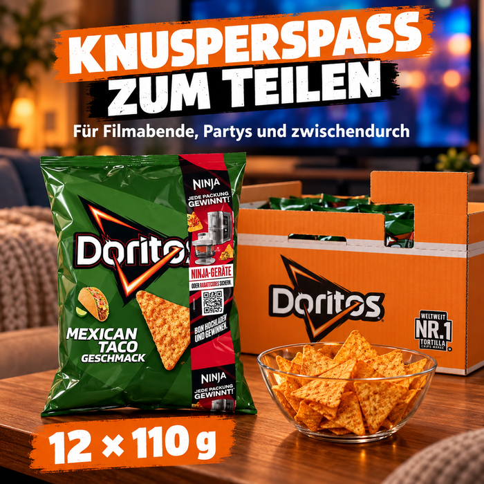 Doritos Mexican Taco Tortilla Chips 12er Pack – 12 × 110 g (1,32 kg) – Knusprige Maischips mit würzigem Taco-Geschmack