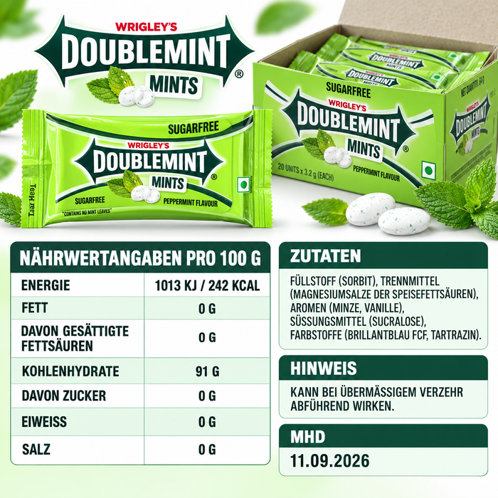 Wrigley’s Doublemint Mints – Zuckerfreie Pfefferminz-Pastillen – 20 Einzelpackungen – 64 g