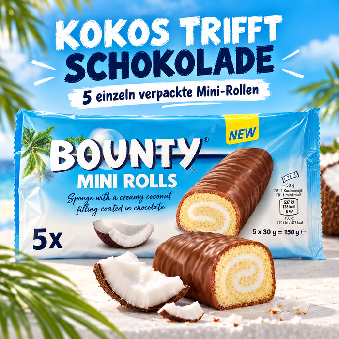 Bounty Mini Rolls – Kokos-Biskuitrollen mit Milchschokolade, 5 × 30 g