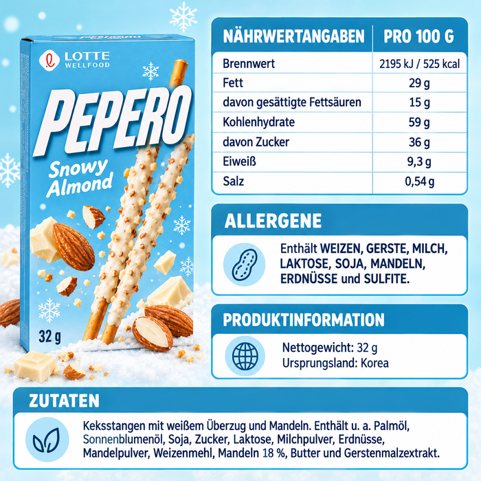 LOTTE Pepero Snowy Almond – Keksstangen mit weißem Überzug und Mandeln, 32 g