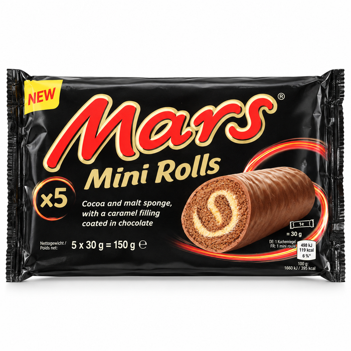 Mars Mini Rolls – Kakao-Biskuitrollen mit Karamell und Milchschokolade, 5 × 30 g