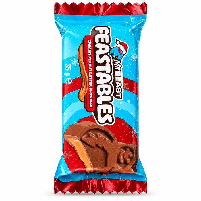 MrBeast Feastables Creamy Peanut Butter Snowman – Milchschokolade mit cremiger Erdnussbutterfüllung – Weihnachtsedition – 1 × 35 g