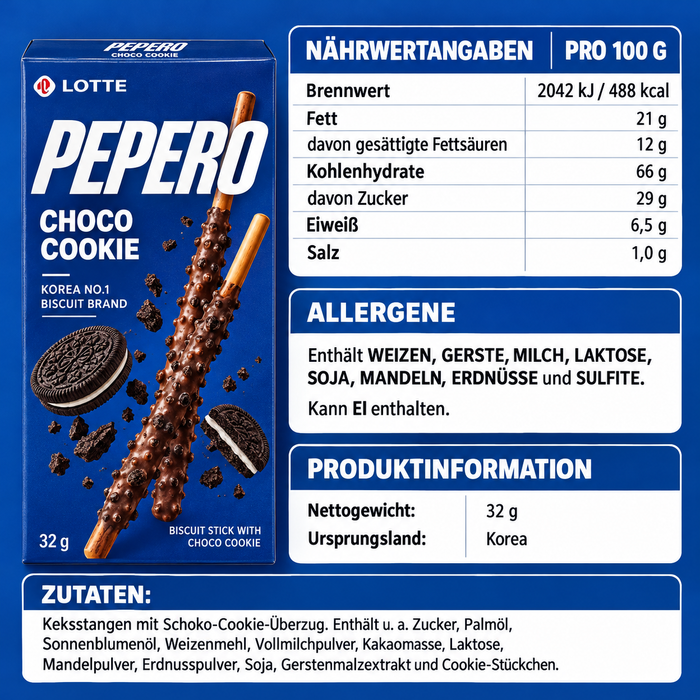 LOTTE Pepero Choco Cookie – Schokoladen-Keksstangen mit Cookie-Stückchen, 32 g