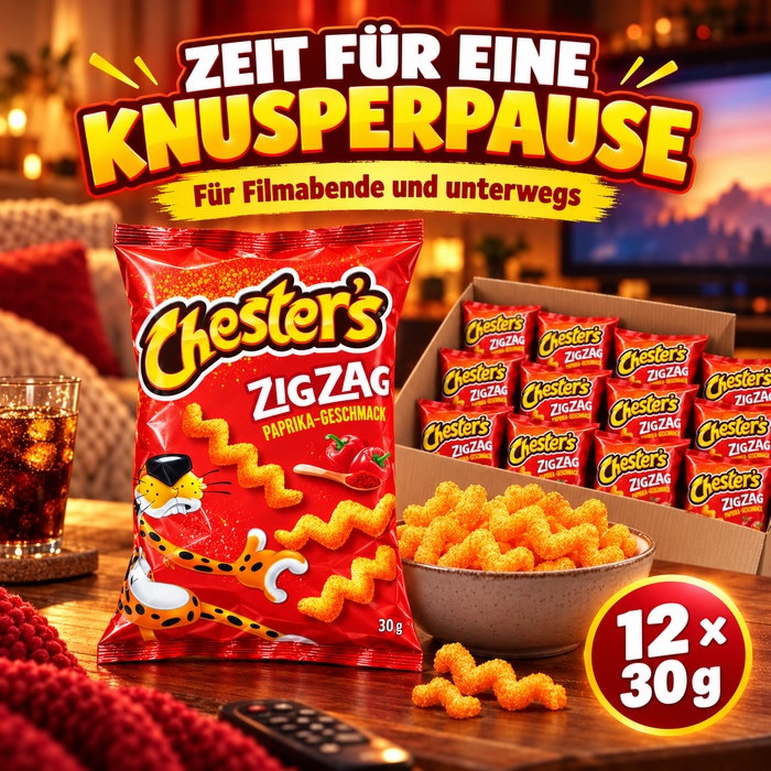 Chester’s ZigZag Paprika – Knuspriger Maissnack mit Paprika-Geschmack, 12 × 30 g, 360 g Gesamtinhalt
