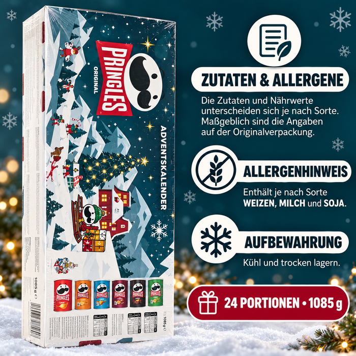 Pringles Adventskalender – 24 Türchen mit 6 Sorten – Originaldose und 23 Minidosen – Chips-Adventskalender – 1085 g