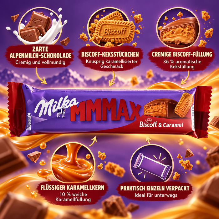 Milka MMMAX Biscoff & Caramel Schokoladenriegel – Alpenmilchschokolade mit cremiger Biscoff-Füllung, Karamell und Keksstückchen – 42 × 45 g – 1,89 kg