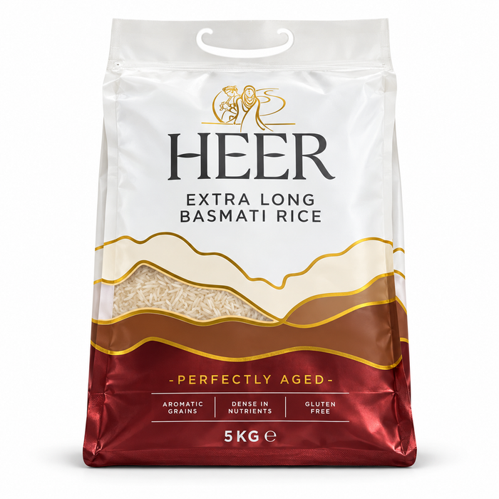 HEER Extra Long Basmati Rice 5 kg – glutenfrei – mit praktischem Tragegriff – aromatischer Reis für Biryani, Curry und Beilagen
