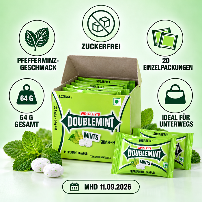 Wrigley’s Doublemint Mints – Zuckerfreie Pfefferminz-Pastillen – 20 Einzelpackungen – 64 g