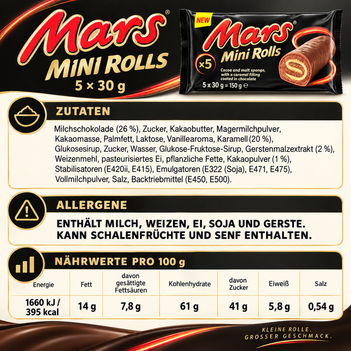 Mars Mini Rolls – Kakao-Biskuitrollen mit Karamell und Milchschokolade, 5 × 30 g