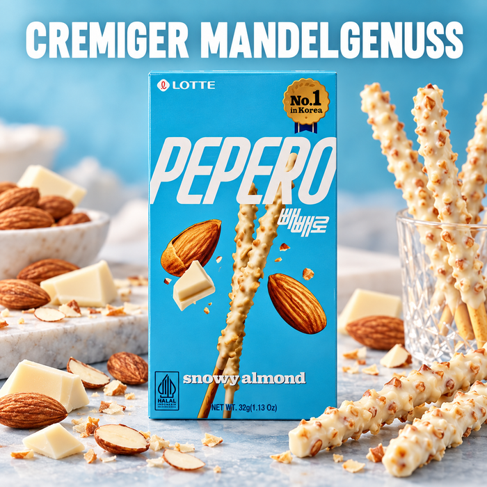 LOTTE Pepero Snowy Almond – Keksstangen mit weißem Überzug und Mandeln, 32 g