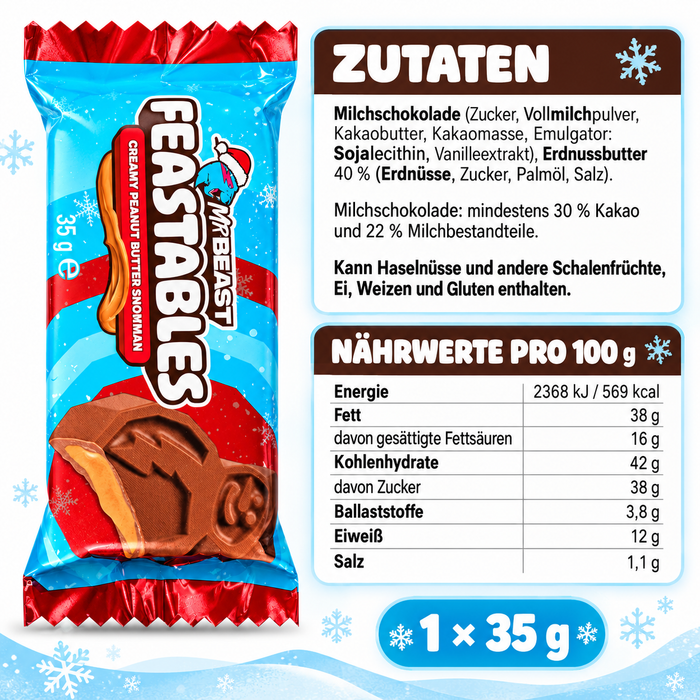 MrBeast Feastables Creamy Peanut Butter Snowman – Milchschokolade mit cremiger Erdnussbutterfüllung – Weihnachtsedition – 1 × 35 g