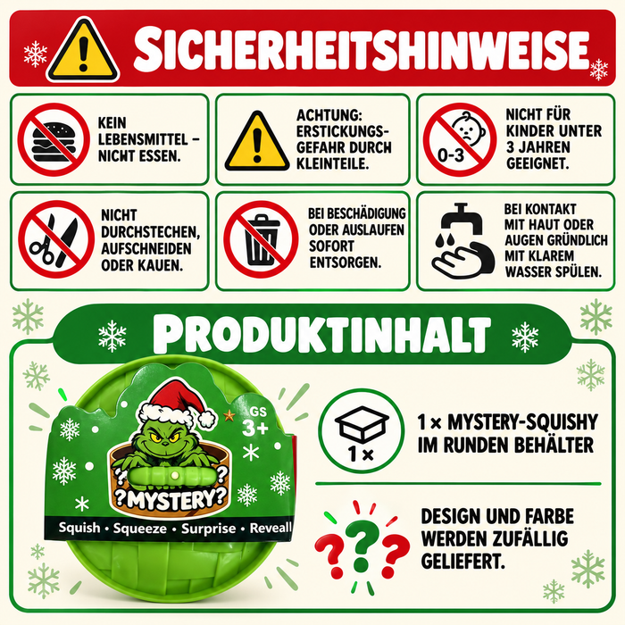 Weihnachtliches Grinch Mystery Squishy – Überraschungs-Quetschspielzeug im runden Behälter – 1 Stück – ab 3 Jahren