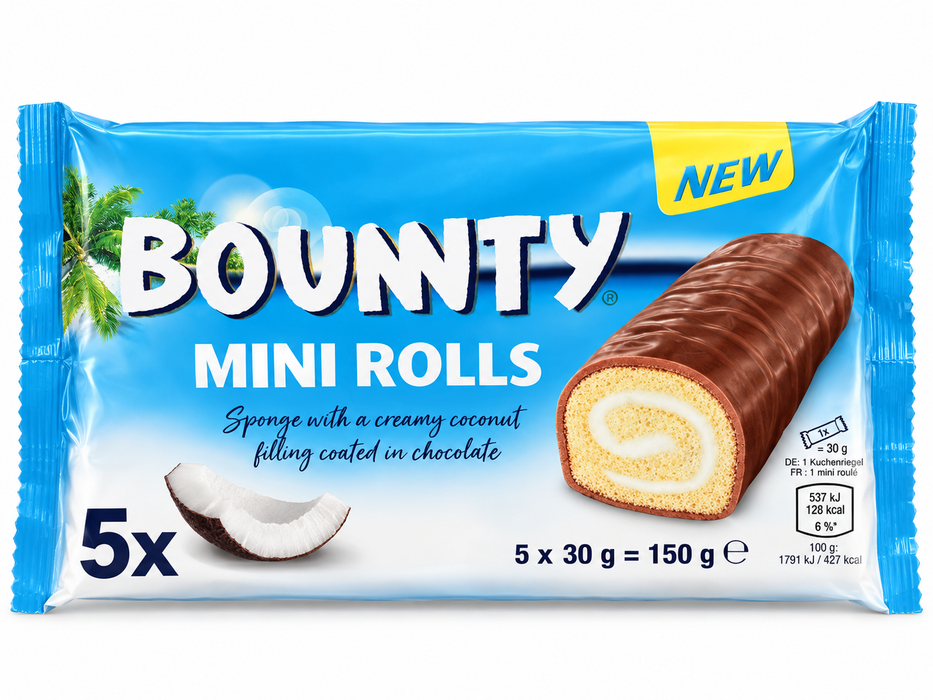 Bounty Mini Rolls – Kokos-Biskuitrollen mit Milchschokolade, 5 × 30 g