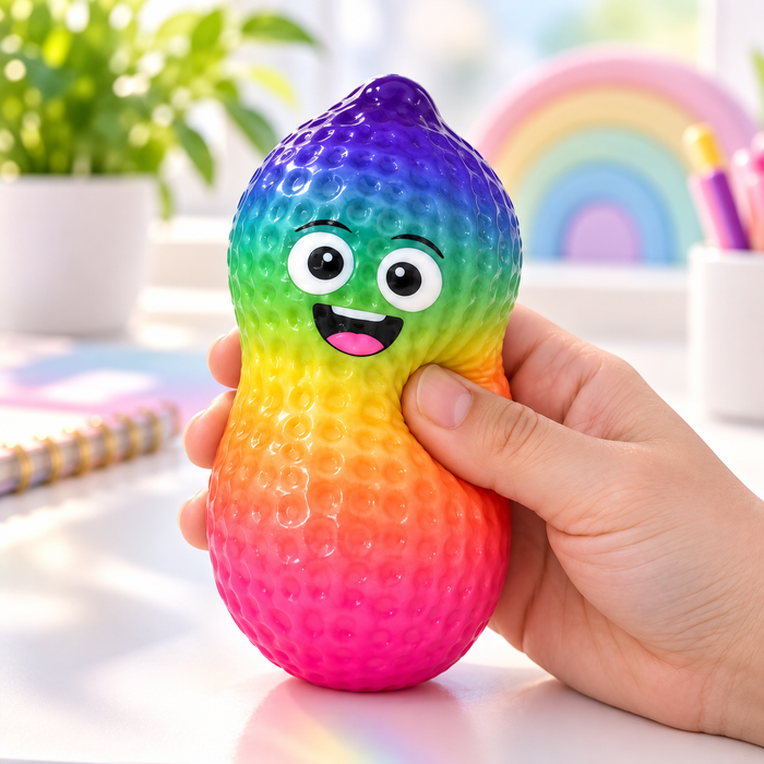 2er-Set Erdnuss Squishy -Drückspielzeug – Creme & Regenbogen – Weiches elastisches Handspielzeug mit lustigem Gesicht