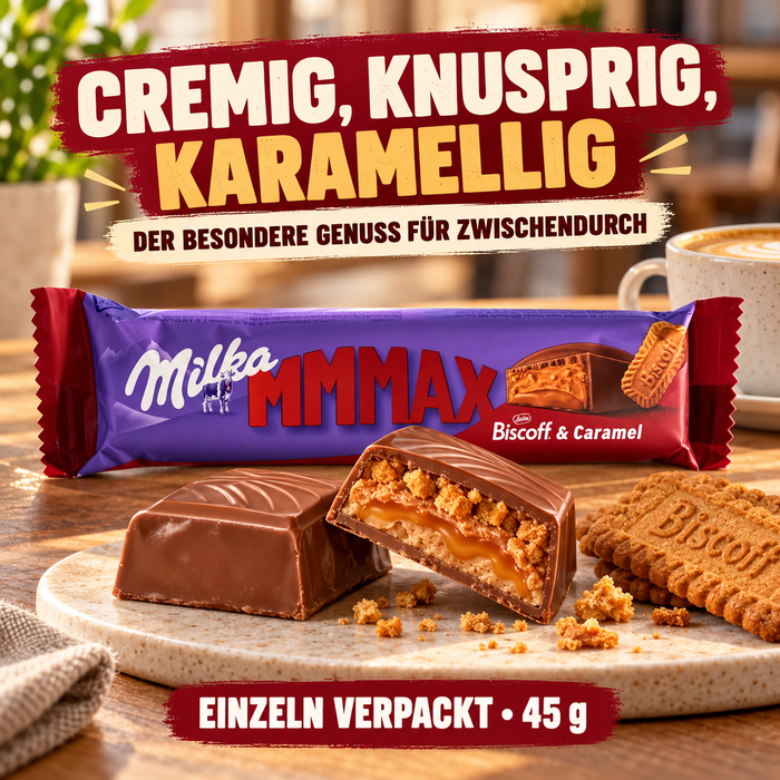 Milka MMMAX Biscoff & Caramel Schokoladenriegel – Alpenmilchschokolade mit cremiger Biscoff-Füllung, Karamell und Keksstückchen – 42 × 45 g – 1,89 kg