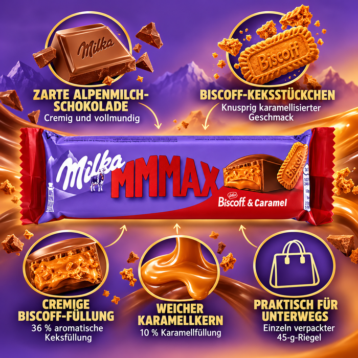 Milka MMMAX Biscoff & Caramel Schokoladenriegel – Alpenmilchschokolade mit Biscoff-Keksfüllung, Karamell und Keksstückchen – Einzeln verpackt – 1 × 45 g