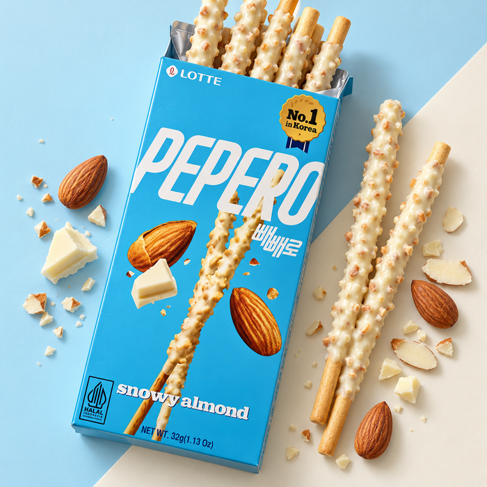 LOTTE Pepero Snowy Almond – Keksstangen mit weißem Überzug und Mandeln, 32 g