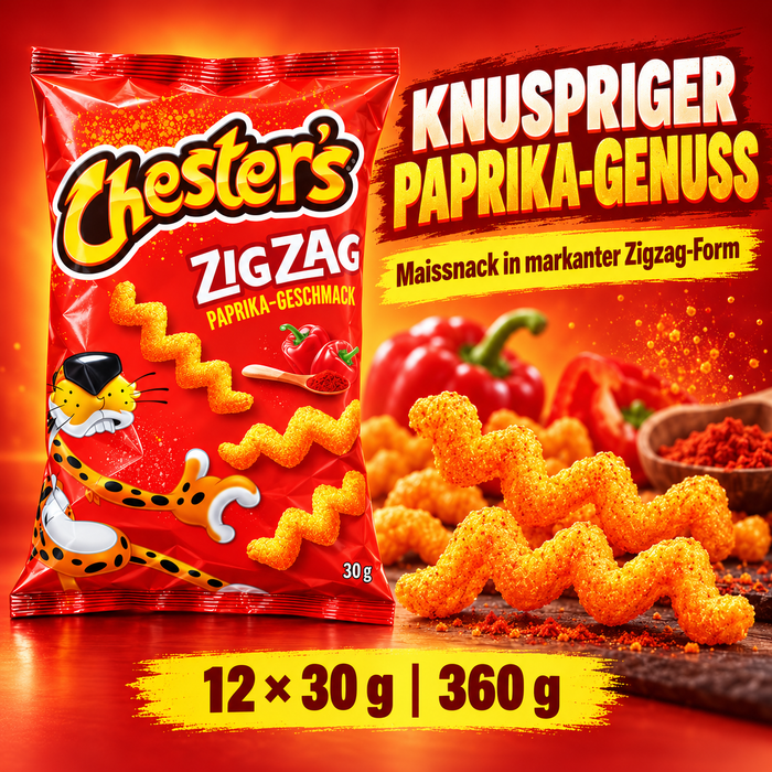 Chester’s ZigZag Paprika – Knuspriger Maissnack mit Paprika-Geschmack, 12 × 30 g, 360 g Gesamtinhalt